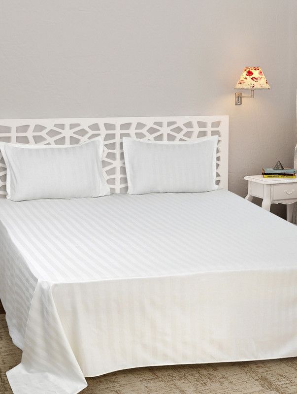 P.S Decor 300 TC Cotton Double Striped Flat Bedsheet  (Pack of 1, White)