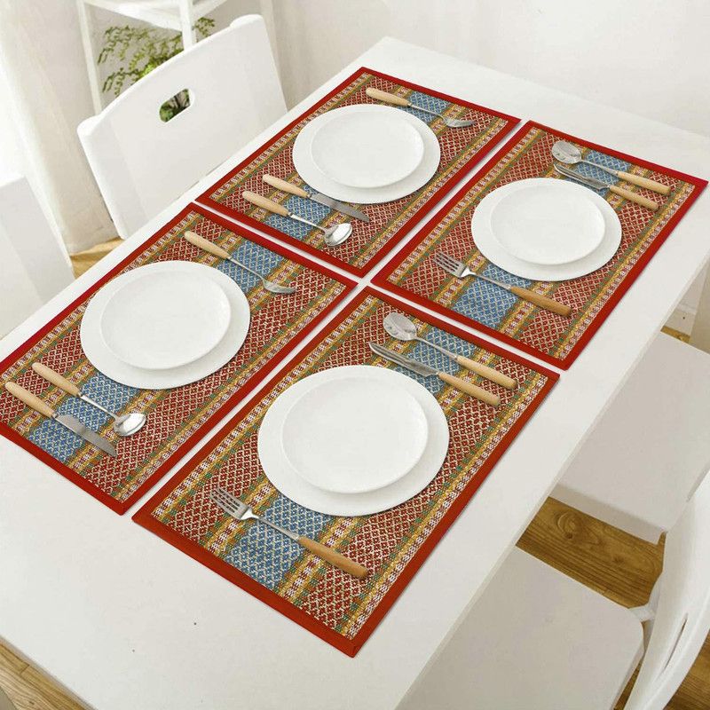 SUBHRA TEXTILE Rectangular Pack of 4 Table Placemat  (Red, Cotton)