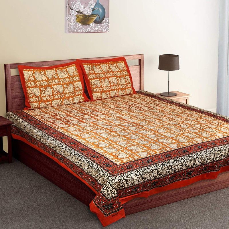 aachu homes 320 TC Cotton Double Jaipuri Prints Flat Bedsheet  (Pack of 1, Orange, Maroon)