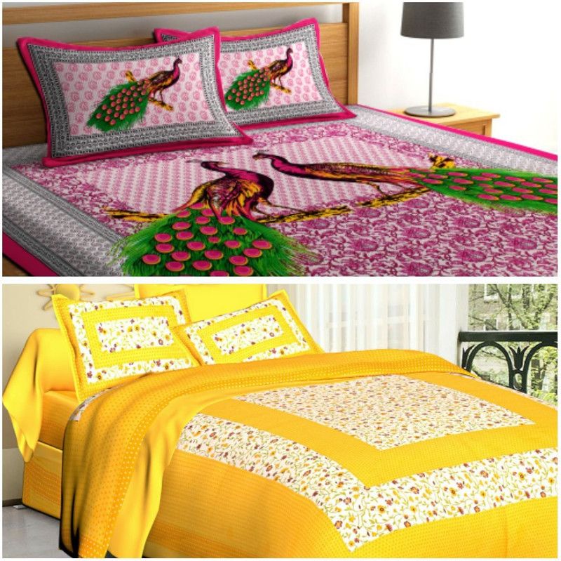 double cotton bed sheet 150 TC Cotton Double Printed Flat Bedsheet  (Pack of 2, Pink)