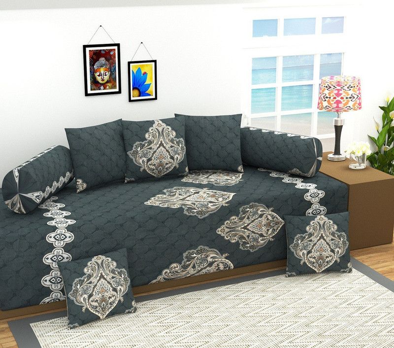 igi Polycotton Damask Diwan Set  (Dark Green)