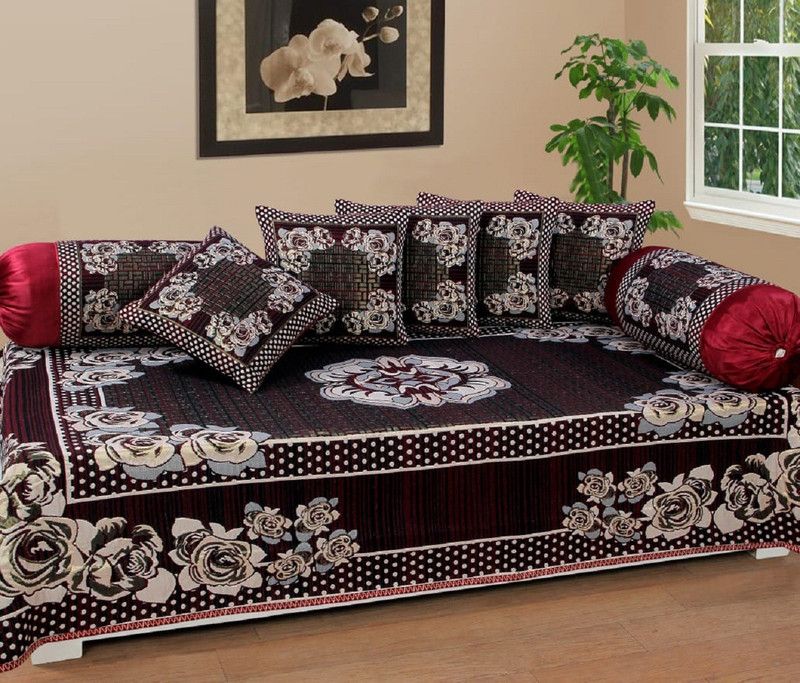 DECOR VATIKA Jacquard Floral Diwan Set  (Maroon)
