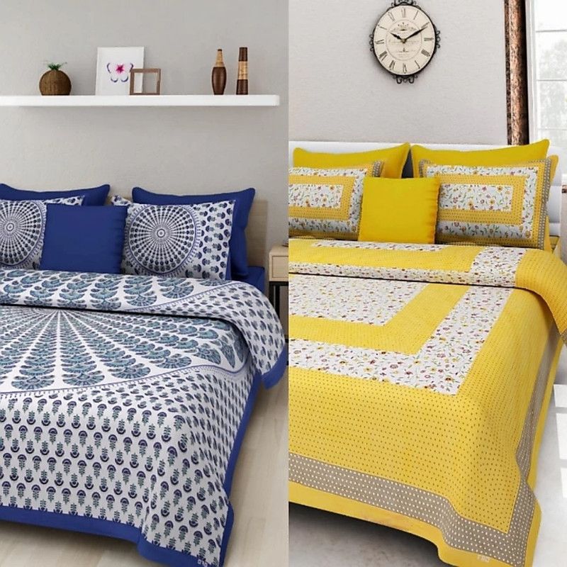 GLADSTAR 151 TC Cotton Double Floral Flat Bedsheet  (Pack of 2, Blue, Yellow)