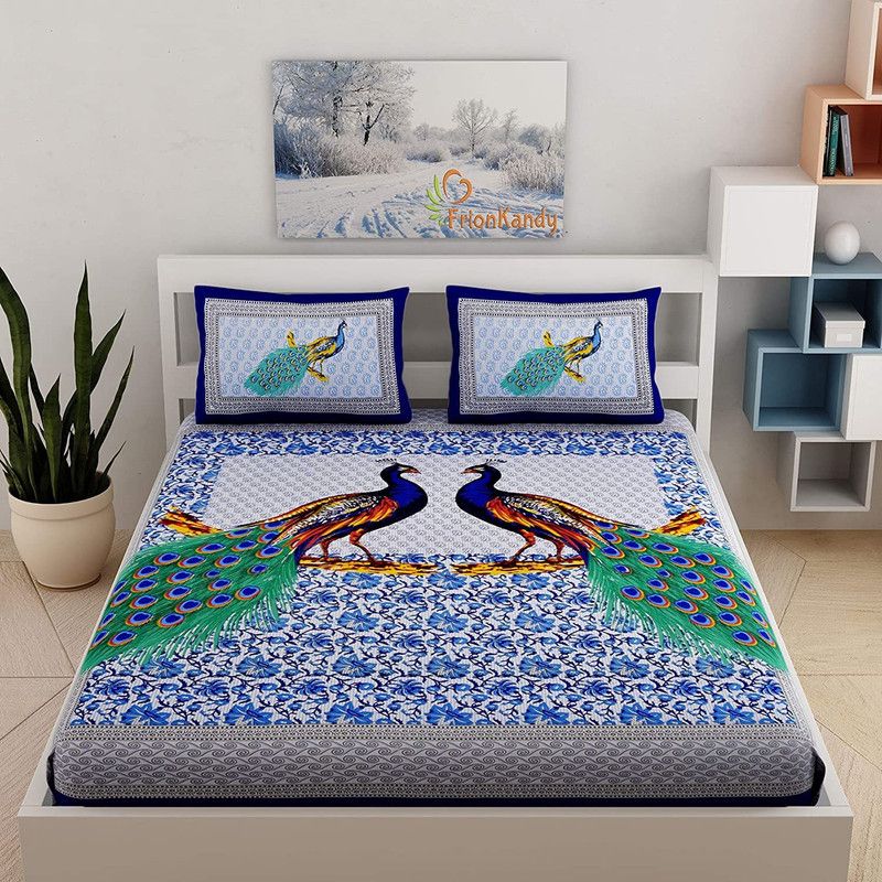 ishab 210 TC Cotton Double Jaipuri Prints Flat Bedsheet  (Pack of 1, Blue)