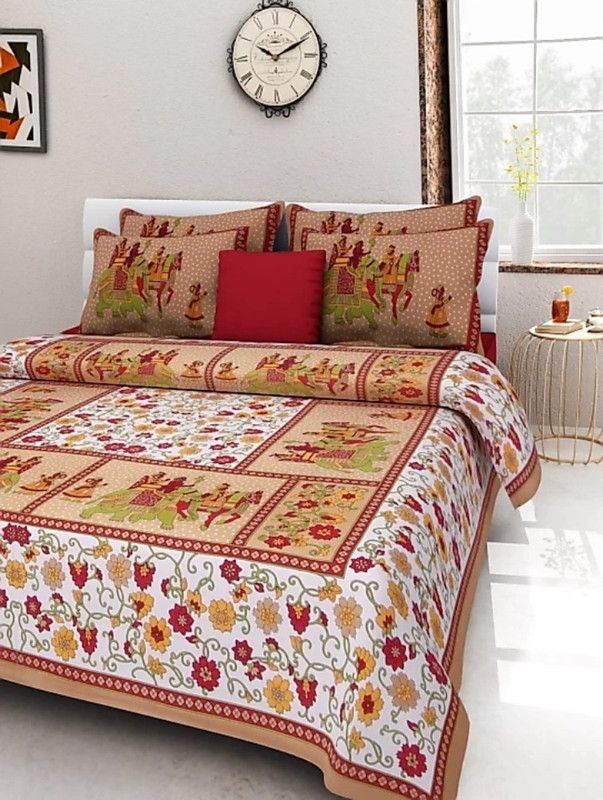 Unique Choice Rajasthani Traditional Collection 151 TC Cotton King 3D Printed Flat Bedsheet  (Pack of 3, Brown)