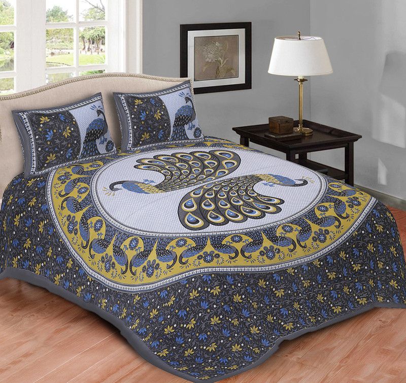 Vinayak 56 TC Cotton Queen Printed Flat Bedsheet  (Pack of 1, Grey)