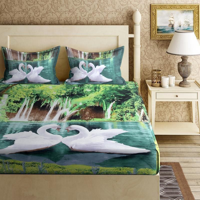 Flipkart SmartBuy 120 TC Microfiber Double 3D Printed Flat Bedsheet  (Pack of 1, Green)