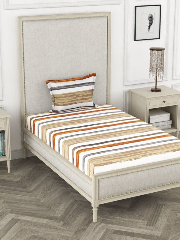 Bianca 110 TC Cotton Single Striped Flat Bedsheet  (Pack of 1, STONE/RUST)