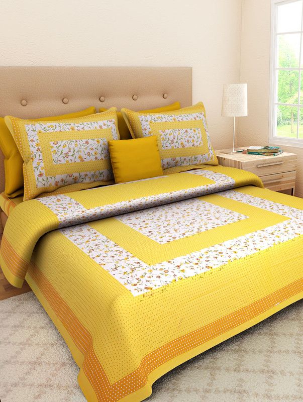 Leo Creation 144 TC Cotton Double Jaipuri Prints Flat Bedsheet  (Pack of 1, Yellow)