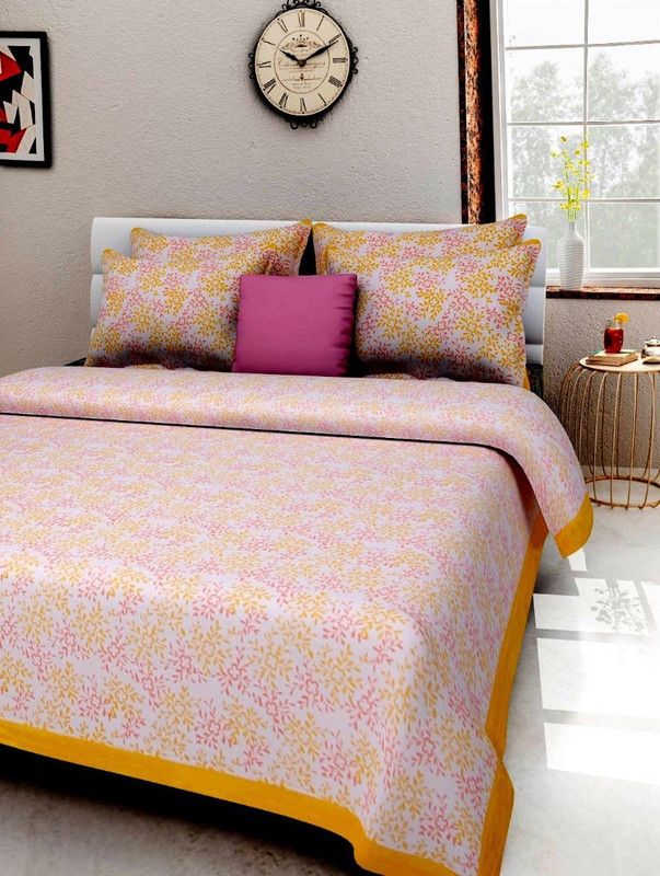 vijay creation 180 TC Cotton Queen Jaipuri Prints Flat Bedsheet  (Pack of 1, Yellow)