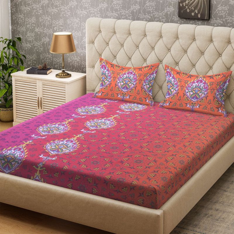 Bombay Dyeing 104 TC Cotton Double Printed Flat Bedsheet  (Pack of 1, Red)