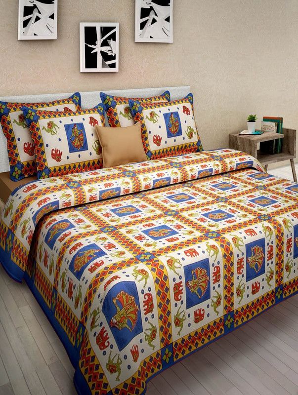 ANANYA 154 TC Cotton Double Printed Flat Bedsheet  (Pack of 1, Beige, Blue)
