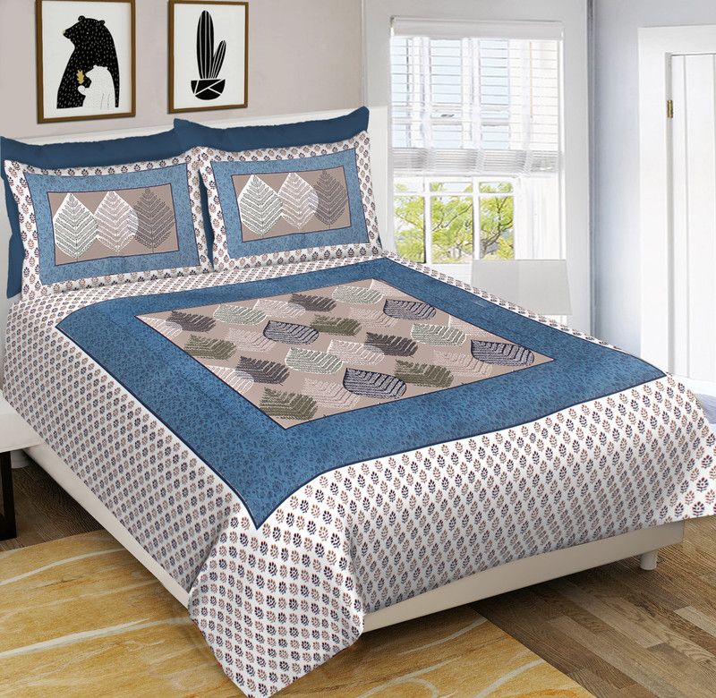 MSKS 144 TC Cotton Double Printed Flat Bedsheet  (Pack of 1, Blue, Beige)
