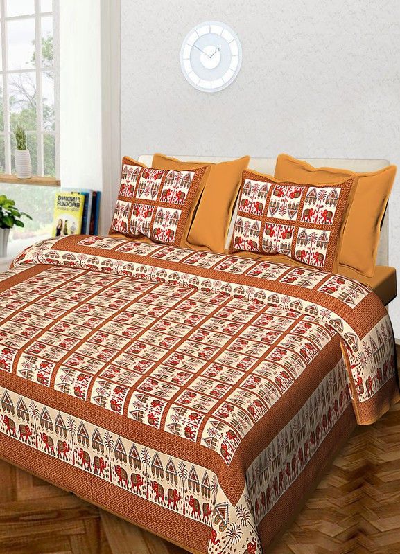 BEDAFFAIR 144 TC Cotton Double Printed Flat Bedsheet  (Pack of 1, Brown)
