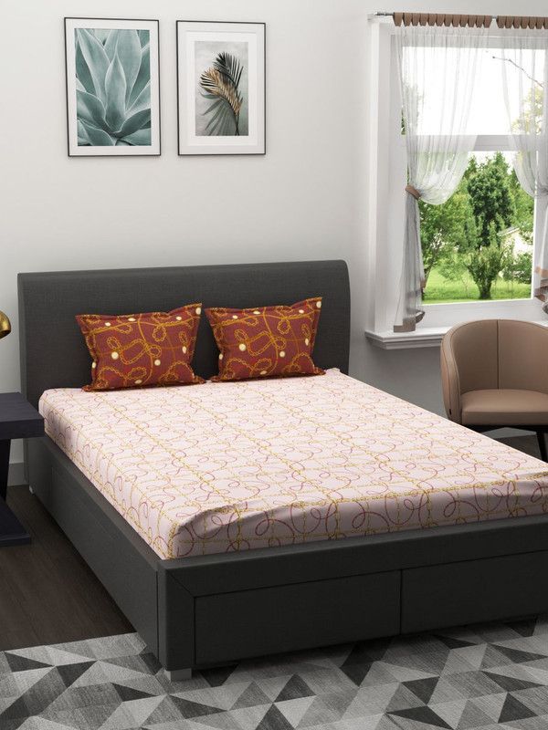 Bianca 144 TC Cotton Double Checkered Flat Bedsheet  (Pack of 1, PINK/GOLD)