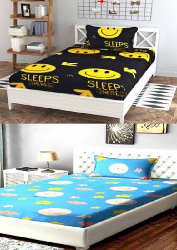 SINGHS VILLAS DECOR 254 TC Cotton Single Printed Flat Bedsheet  (Pack of 2, Black, Light Blue)