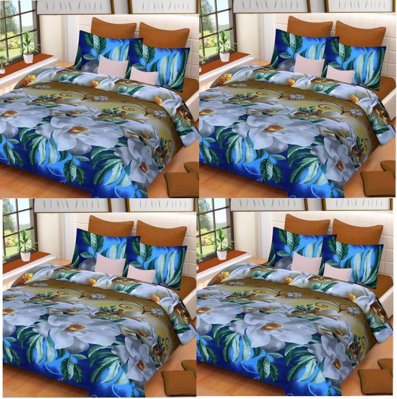 Elegant Decore 150 TC Polycotton Double Floral Flat Bedsheet  (Pack of 4, White,Blue)