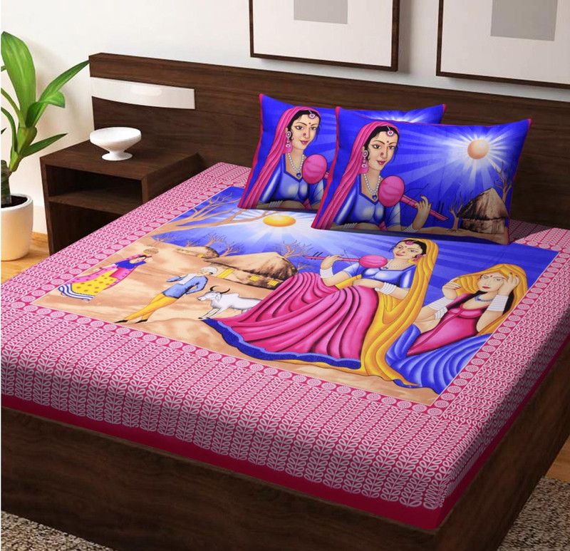RR FABTEC 140 TC Cotton Double Printed Flat Bedsheet  (Pack of 1, Pink)