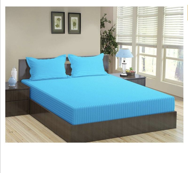 gbl impex 400 TC Cotton Double Striped Fitted (Elastic) Bedsheet  (Pack of 1, Light Blue)