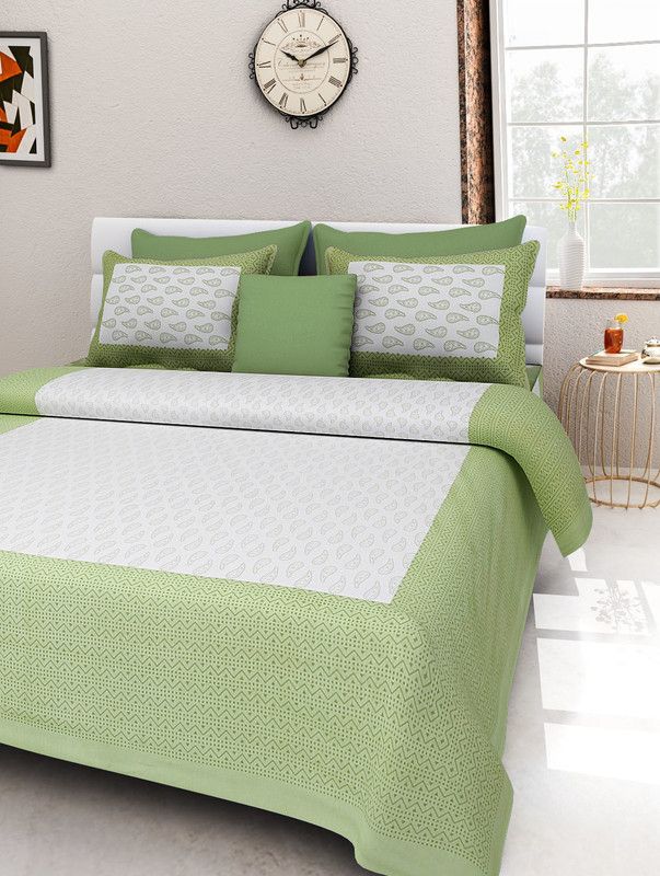 Unique Fashion 156 TC Cotton Double Jaipuri Prints Flat Bedsheet  (Pack of 1, Green)
