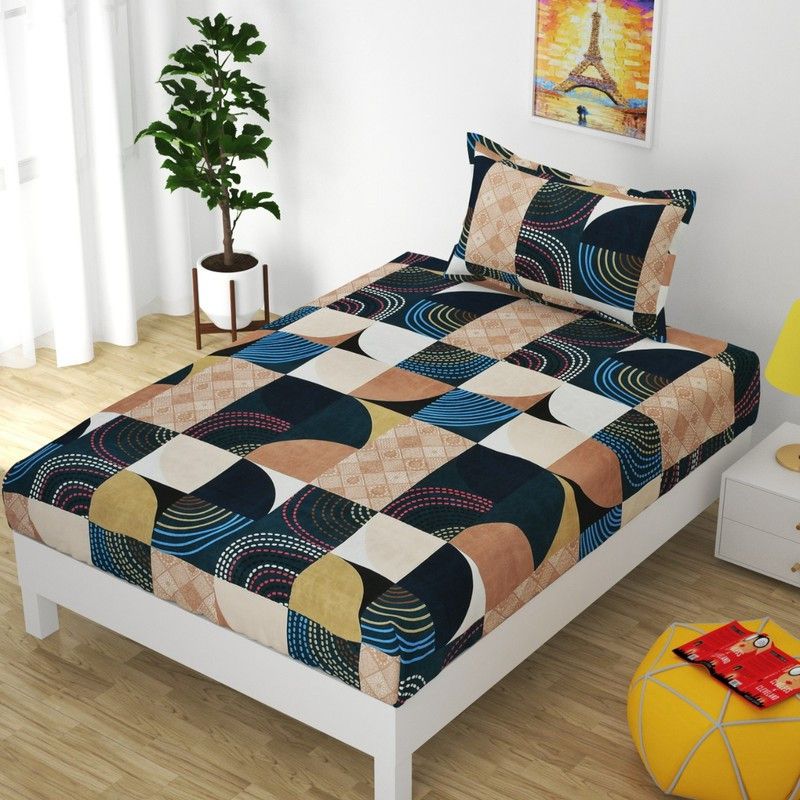 Mega Cart Home 144 TC Cotton Single 3D Printed Flat Bedsheet  (Pack of 1, White&Black)