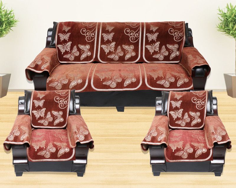 KINGLY Velvet Floral Sofa Cover  (Brown Pack of 12)