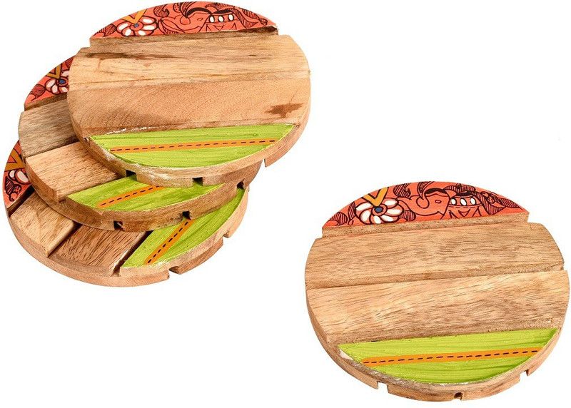 AAKRITI ART CREATIONS Round Wood Coaster Set  (Pack of 4)