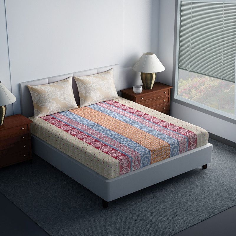 SPACES 144 TC Cotton Queen Printed Flat Bedsheet  (Pack of 1, Beige)