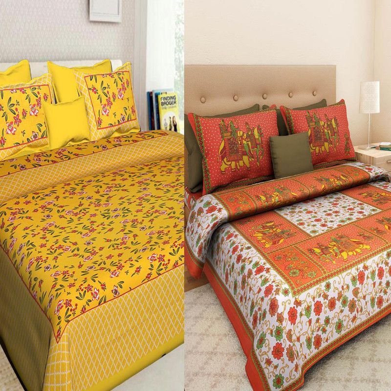 DHAKAD 180 TC Cotton Double Printed Flat Bedsheet  (Pack of 2, Multicolor)