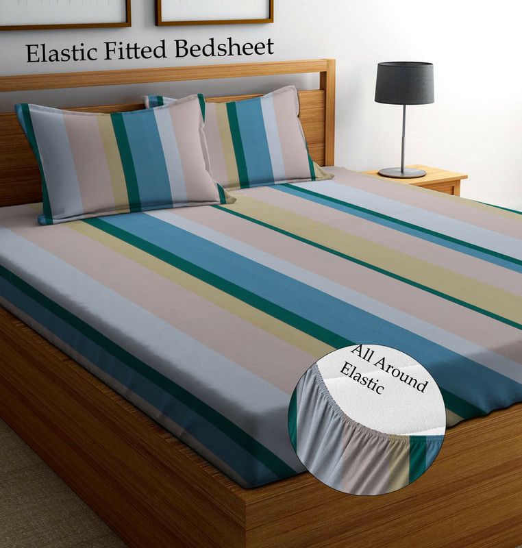 Amrange 220 TC Microfiber Double Striped Fitted (Elastic) Bedsheet  (Pack of 1, Multicolor)