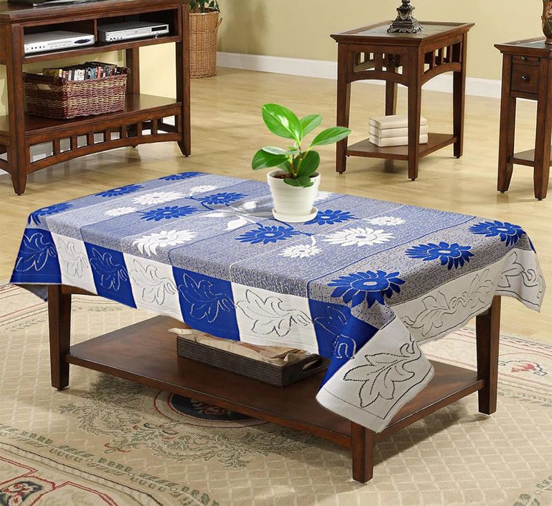 Floral 4 Seater Table Cover  (Blue, White (Net Cloth), Cotton)