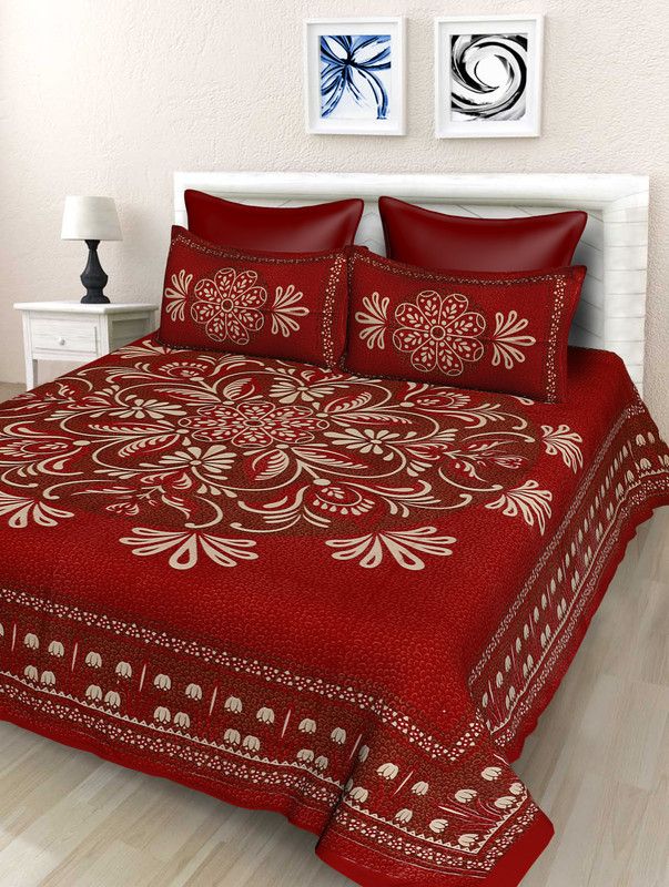 SheetKart 144 TC Cotton Double Floral Flat Bedsheet  (Pack of 1, Red)