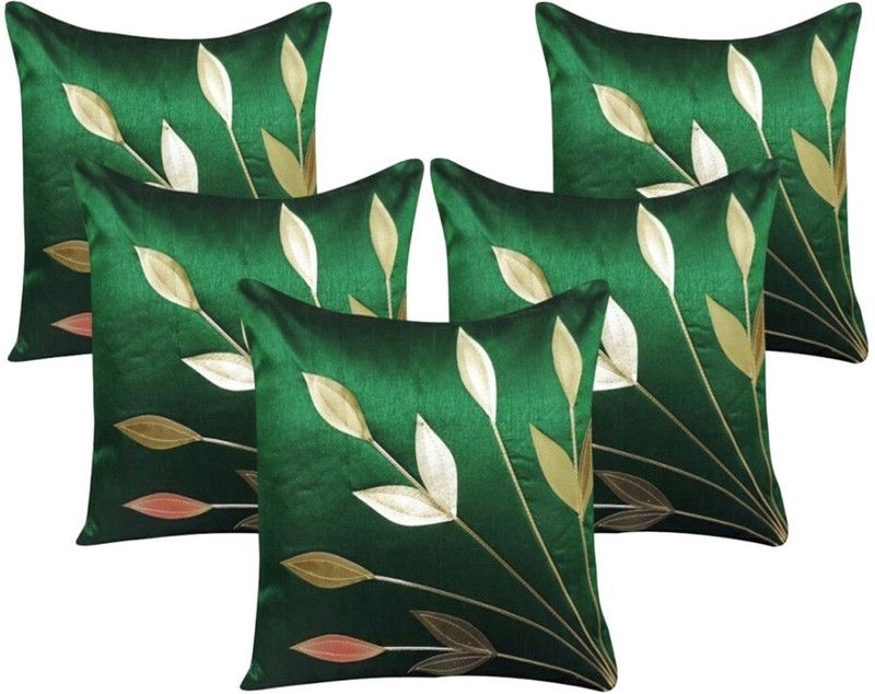 India Furnish Floral Cushions Cover  (Pack of 5, 40 cm*40 cm, Dark Green)