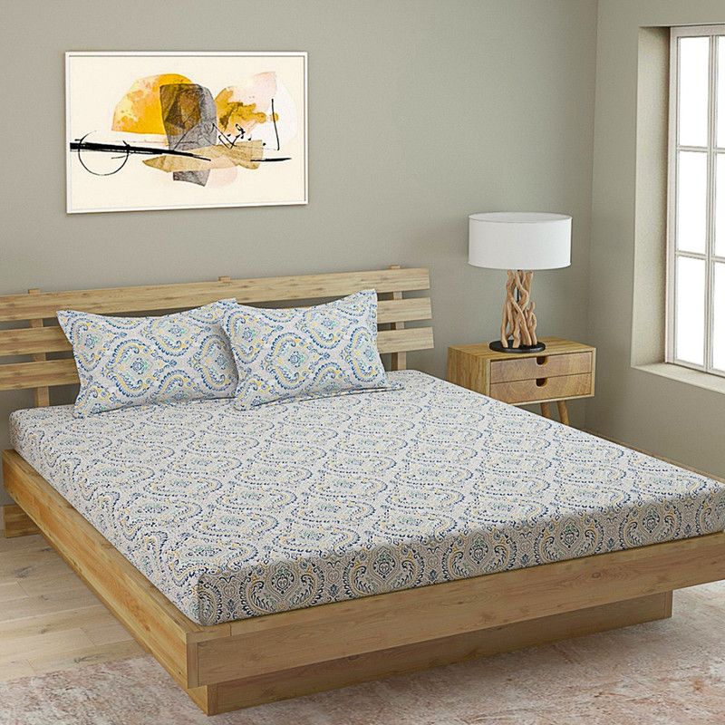 ROMEE 180 TC Cotton King Motifs Flat Bedsheet  (Pack of 1, Grey and Blue)