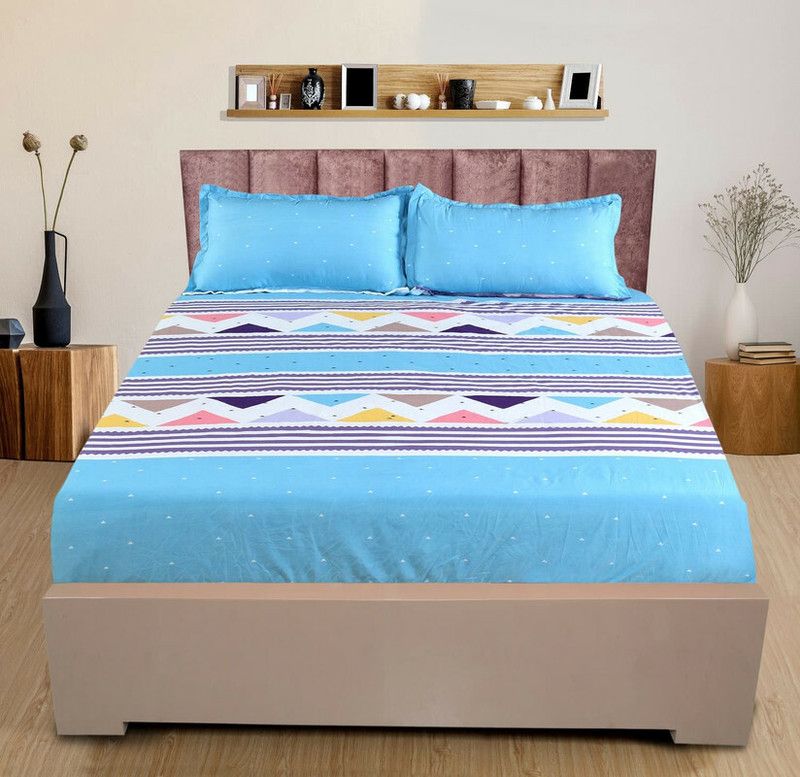 NTNWorld 260 TC Cotton King Checkered Fitted (Elastic) Bedsheet  (Pack of 1, Blue)