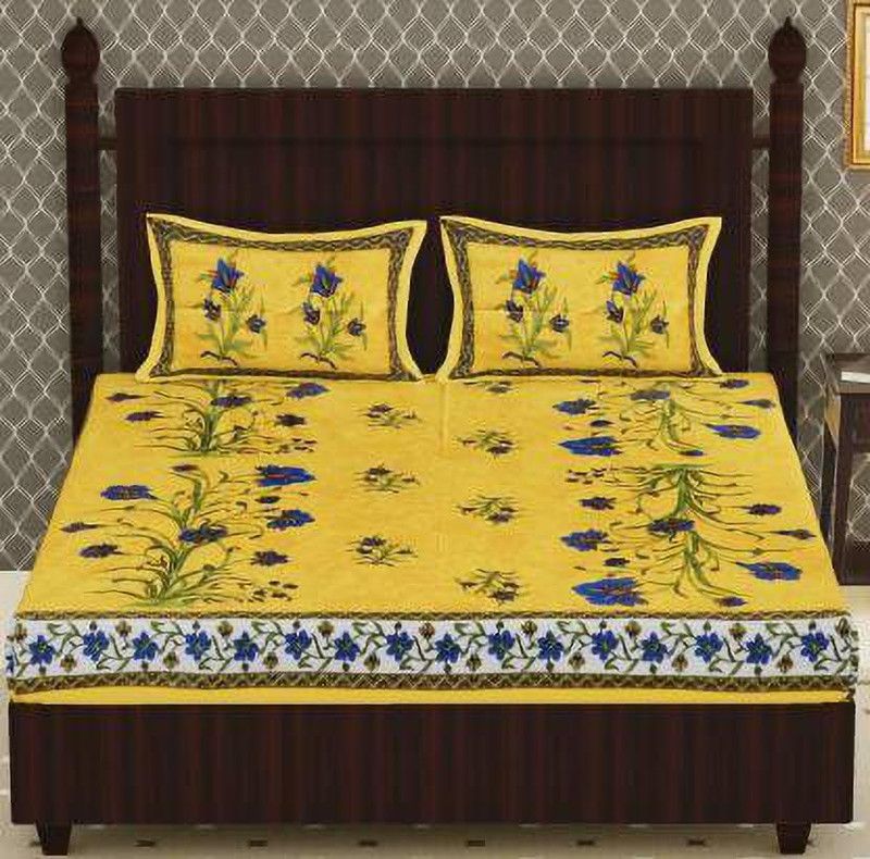 IkBedsheets 143 TC Cotton Queen Printed Flat Bedsheet  (Pack of 1, Yellow)