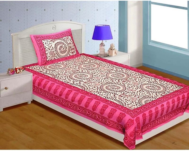 ZGX 250 TC Cotton Single Jaipuri Prints Flat Bedsheet  (Pack of 1, Pink)
