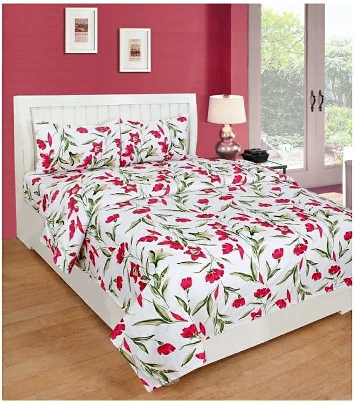 Polycotton Double King Printed Bedsheet  (Pack of 1, Pink White)