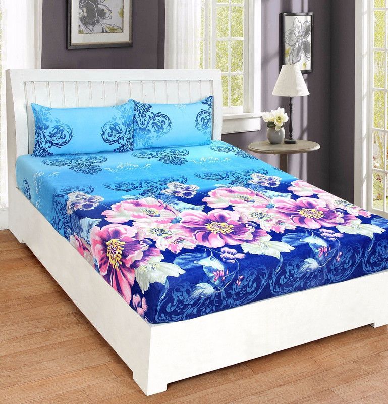 GOODLYF 110 TC Polyester Double Printed Flat Bedsheet  (Pack of 1, Blue)