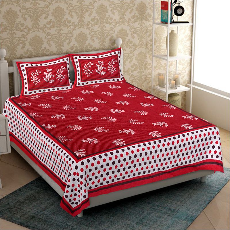 Indram 144 TC Cotton Double Printed Flat Bedsheet  (Pack of 1, Red, White)