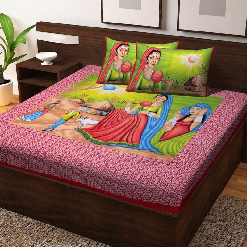 Abhi Impex 160 TC Cotton Double Jaipuri Prints Flat Bedsheet  (Pack of 1, Red)