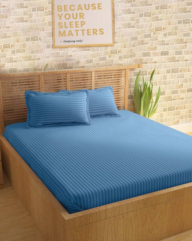 SLEEPING OWLS 210 TC Cotton King Striped Flat Bedsheet  (Pack of 1, SkyBlue)