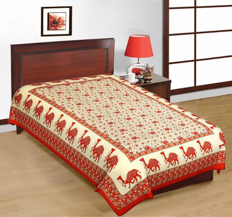 KRISMARTELITE 104 TC Cotton Single Printed Flat Bedsheet  (Pack of 1, Red, Beige)