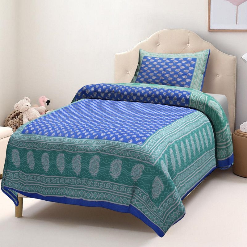 Fabrika 140 TC Cotton Single Floral Flat Bedsheet  (Pack of 1, Blue)