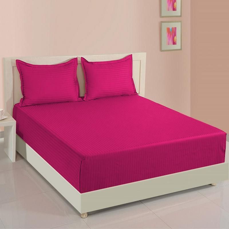 Angel Mommy 300 TC Cotton Double Striped Fitted (Elastic) Bedsheet  (Pack of 1, Pink)