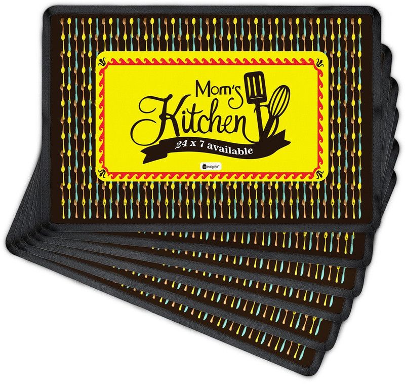 Indigifts Rectangular Pack of 6 Table Placemat  (Black, Polyester)