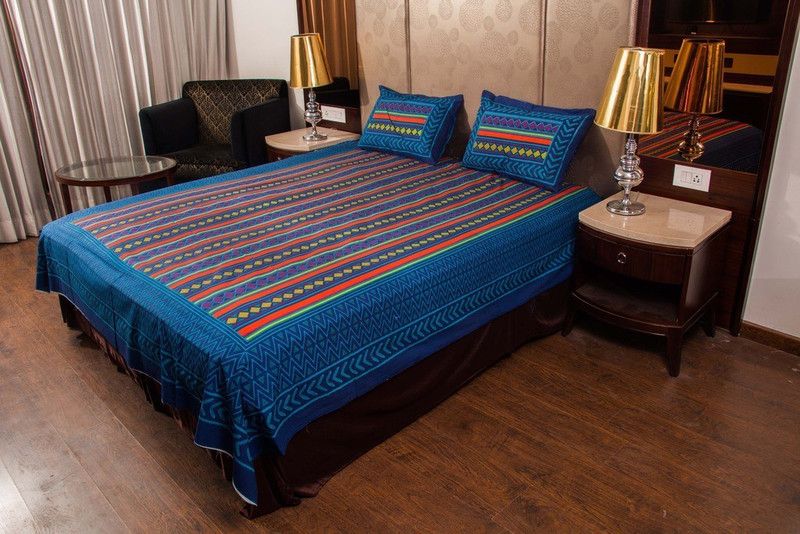 Kismat Collection 140 TC Cotton Double Striped Flat Bedsheet  (Pack of 1, Blue)