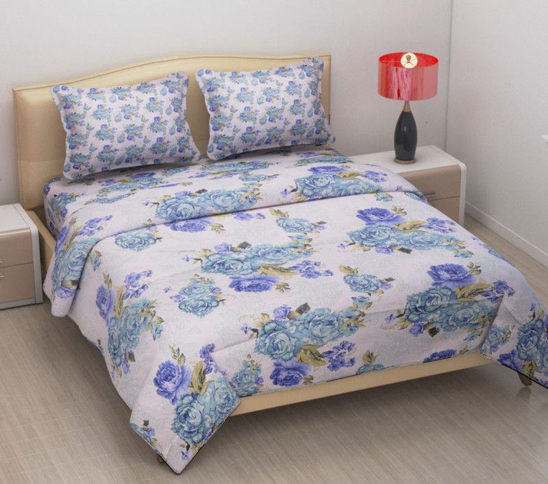 Koli Trading 400 TC Cotton Double Floral Flat Bedsheet  (Pack of 1, Blue)