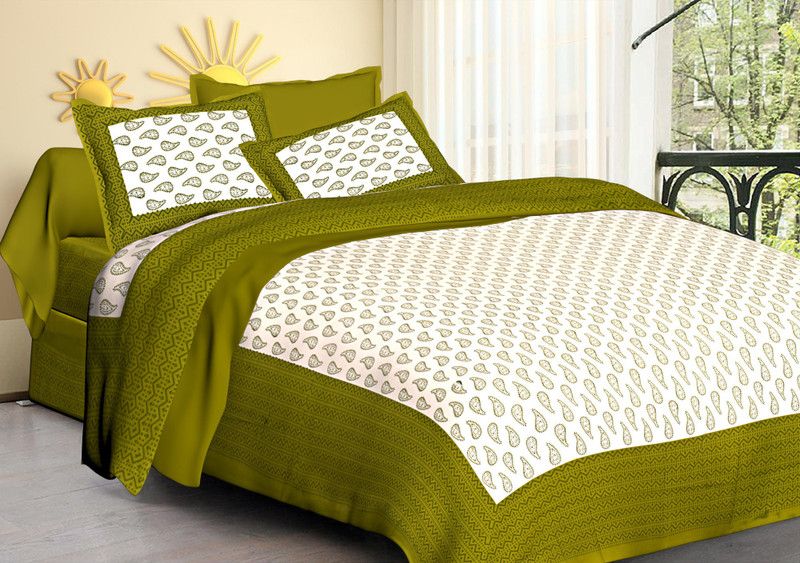 Poornima International 104 TC Cotton Double Printed Flat Bedsheet  (Pack of 1, Mehndi)