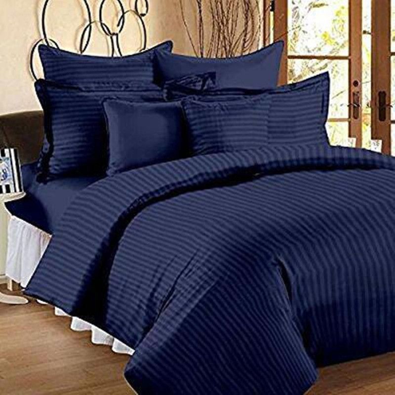 Upvolution 250 TC Cotton Double Striped Flat Bedsheet  (Pack of 1, Navy Blue)